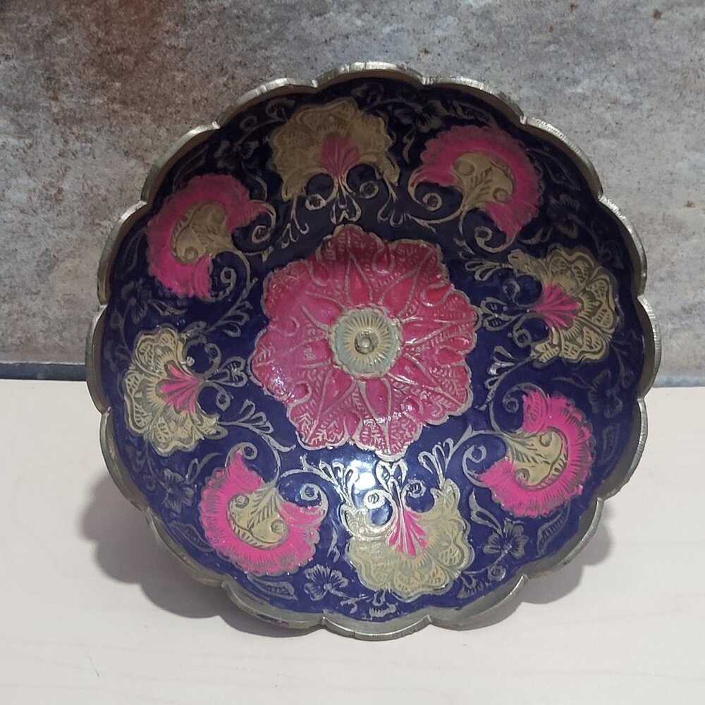 Vintage Saida China House Cloisonné Bowl Pink Purple Brass Geometric